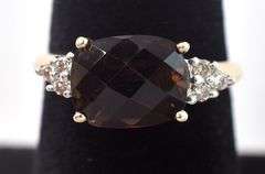 Wonderful 14K Yellow Gold Smokey Quartz and Diamond Ring