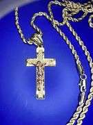 14 Kt Plated Rose Gold and Yellow Gold. Two Tone Rose Gold and Yellow Gold Jesus Cross Pendant Neckl