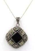 Vintage 925 sterling silver black onyx and Marcasite pendant on Italian box chain necklace