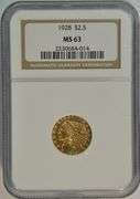 Very Choice BU 1928 US $2.50 Indian Gold Piece. NGC MS63
