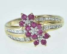 10K Yellow Gold Ruby Flower Cluster Diamond Accent Bypass Ring