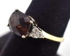 Wonderful 14K Yellow Gold Smokey Quartz and Diamond Ring