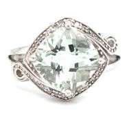 14kt White gold Cushion cut Prasolite and diamond ring