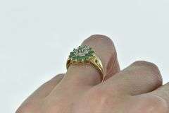 14K Yellow Gold Round Diamond Emerald Halo Cluster Ring