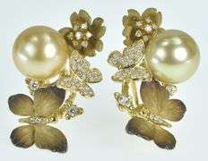 18K Yellow Gold J Y Designer Diamond Pearl Butterfly Earrings