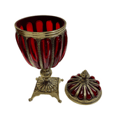 Gorgeous Red Blown Glass and Brass Covered Urn or Apothecary Compote With Pedestal