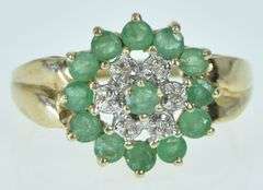14K Yellow Gold Round Diamond Emerald Halo Cluster Ring