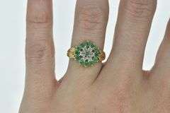 14K Yellow Gold Round Diamond Emerald Halo Cluster Ring