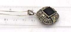 Vintage 925 sterling silver black onyx and Marcasite pendant on Italian box chain necklace