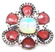 Romantic Garnet Petaled Opal Flower Ring with Gold Plated Silver and Diamond Accents