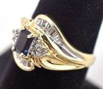 Astounding 10K Yellow Gold Blue Sapphire and Diamond Gemstone Ring