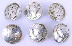6 Silver 1940's Mercury Dime Buttons