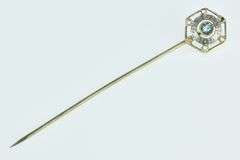 14K Yellow Gold Art Deco Syn. Aquamarine Vintage Ornate Stick Pin