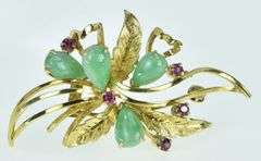 14K Yellow Gold Jade Pink Sapphire Floral Leaf Bunch Pin/Brooch