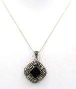 Vintage 925 sterling silver black onyx and Marcasite pendant on Italian box chain necklace