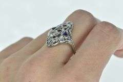 18K White Gold Art Deco Filigree Sapphire Engagement Setting Ring