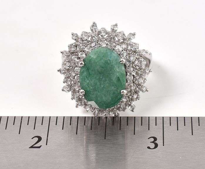 Sparkling 6.84CTS Oval Shaped Natural Emerald & 1.26CTW Sapphire Gemstone Ring in Sterling Silver
