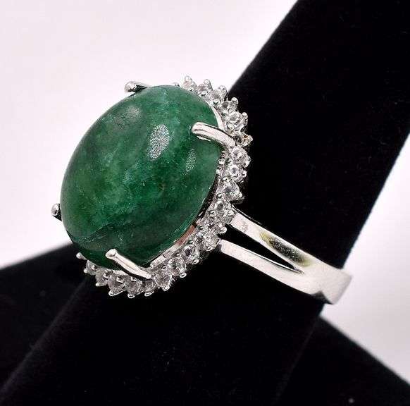 Adorable Large 12.50CTS Oval Cabochon-Cut Natural Emerald & 0.80CTW White Sapphire Ring in Sterling 