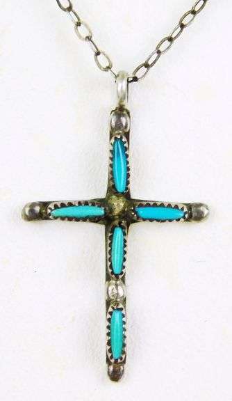 Vintage Zuni Navajo Sterling Turquoise Cross & Chain