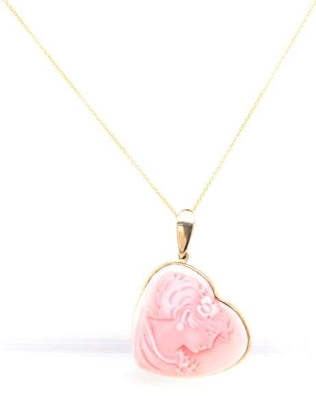 14kt Yellow gold Carved heart shaped Coral pendant on chain