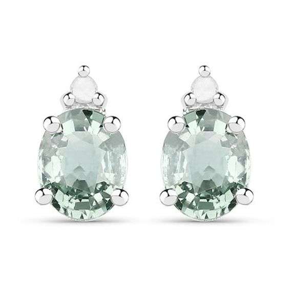 Genuine Green Sapphire and White Diamond in .925 Sterling Silver Earrings