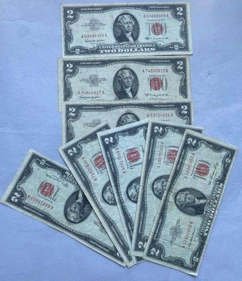 8 Various 1953 Series $2 Red Seal US Notes