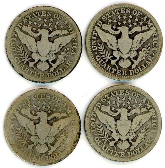 4 Different Barber Silver Quarters: 1909-1915-D