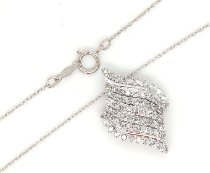 10kt White gold diamond cluster swirl pendant on chain