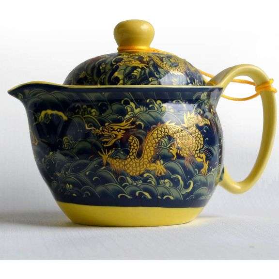 Porcelain Teapot with Chinese Dragon Waves Pattern