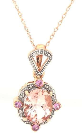 10kt Yellow gold 1.60ctw Morganite in pink sapphire and diamond accent pendant on chain