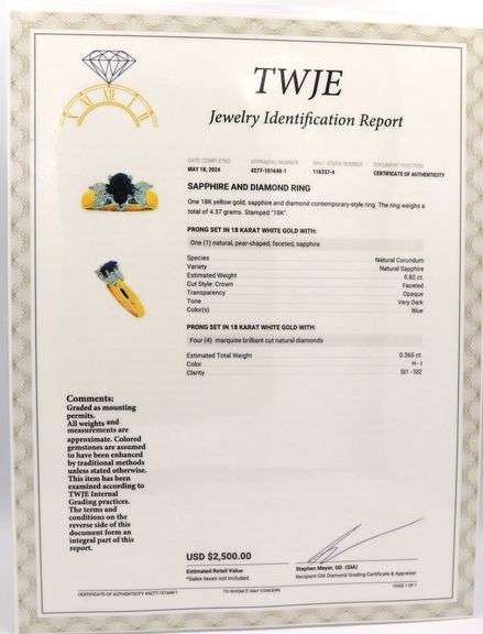 18kt Yellow gold pear shaped sapphire and marquise diamond ring