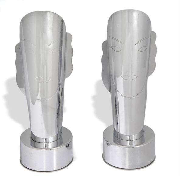Erte, Face Table Lamp pair, Chrome plated steel, c. 1930s