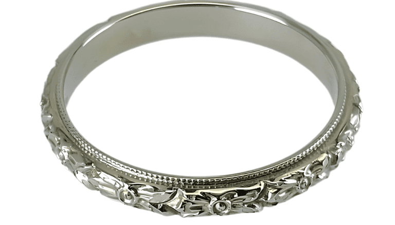 18K (750) White Gold Engraved Ring, Old - Vintage, 3.1 Gram, Size: 6.5