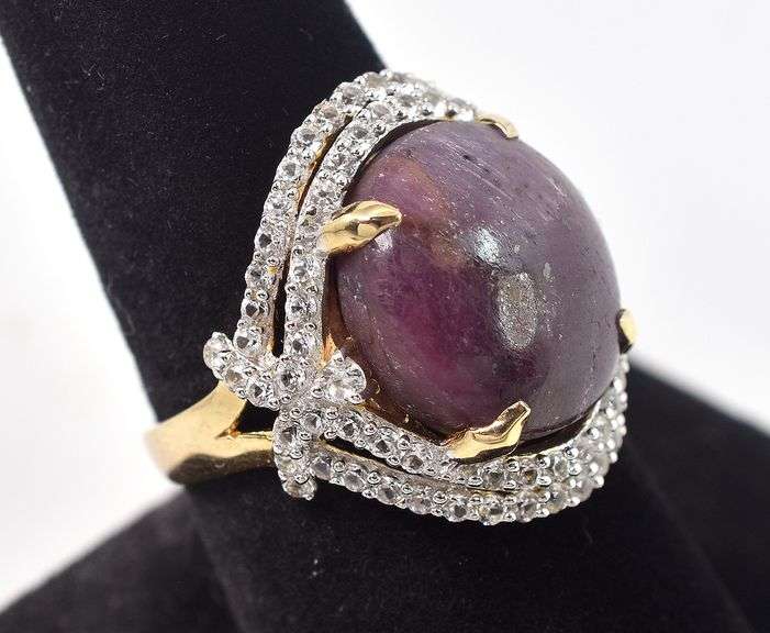 Impeccable huge 19.66CTS Natural Cabochon-Cut Star Ruby & 1.56CTW Sapphire on 14K Yellow Gold Over S