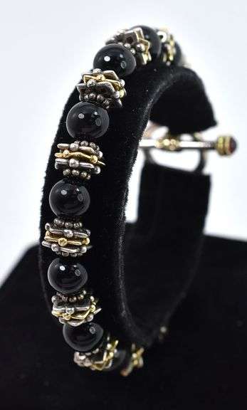 Black Onyx and Red Garnet Gemstone Bracelet with 10K Yellow Gold Plating in Sterling Silver