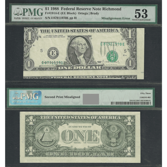 $1 1988 FRN Faulty Alignment =2 Notes on Face= PMG Abt Unc 53