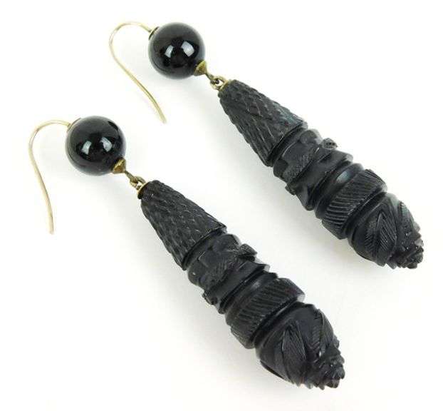 Antique Gutta Percha Black Torpedo Mourning Earrings