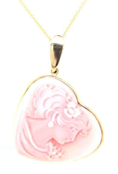 14kt Yellow gold Carved heart shaped Coral pendant on chain