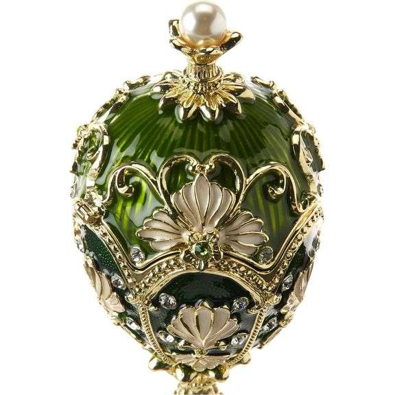 Larissa Faberge Enameled Egg Elegant Green Collectible with Pearl Crown