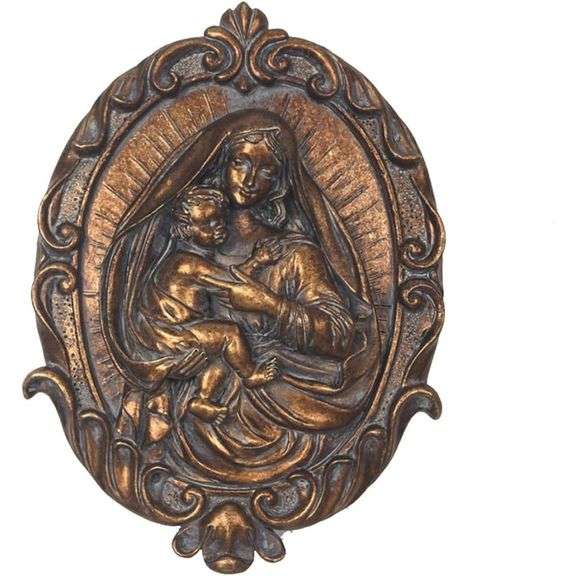 Vintage Wall Sculpture Hand Painted Antique Virgin and Son