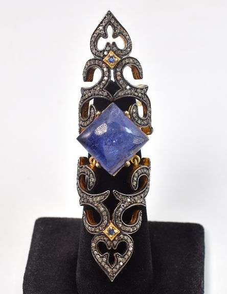 Stunning Rare Design 14.00CTS Square Shaped Cabochon-Cut Tanzanite & Diamond Knuckle Ring in 14K Yel