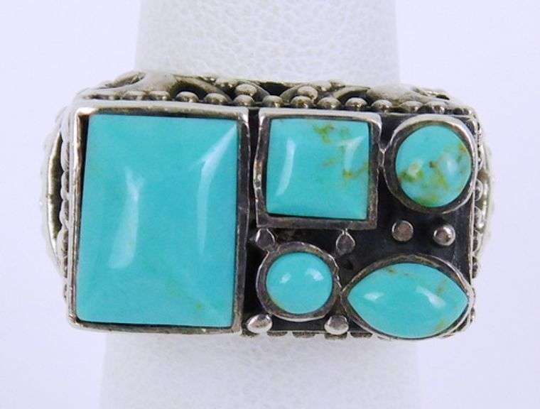 Ornate Chunky Sterling Turquoise Ring, Size 5