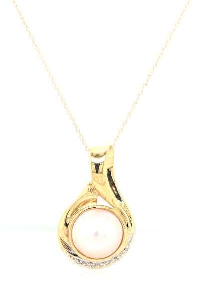 14kt Yellow gold 12mm Mabe pearl and diamond accent slide pendant on chain necklace