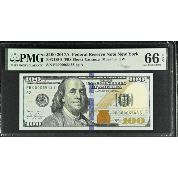 $100 2017-A FRN Mini Down Ladder 00006543 PMG Gem Unc 66EPQ