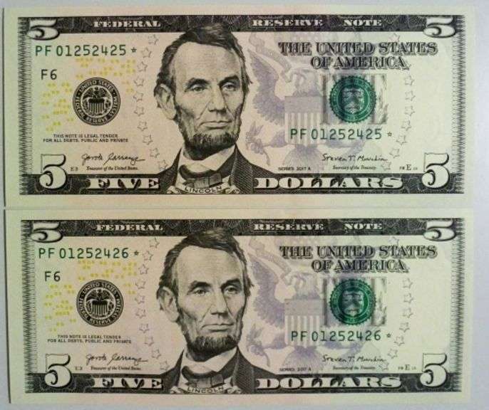 (2) Superb Crisp 2017A $5 Star Replacement Notes Atlanta Consecutive!