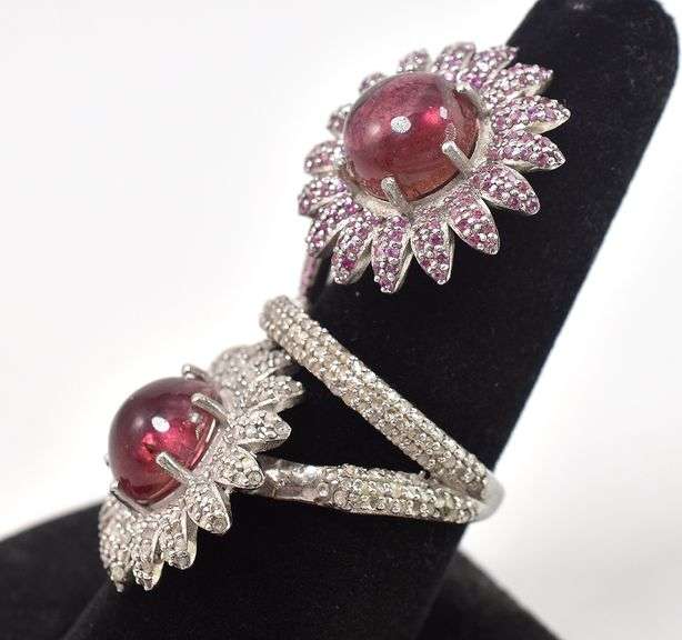 Fabulous Flower Design 9.07CTW Cabochon-Cut Tourmaline, 1.09CTW Diamond & 1.07CTW Colorless Sapphire