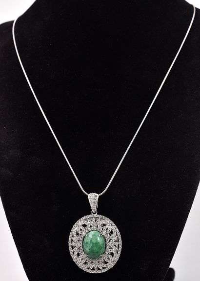 Inspiring 11.34CTS Natural Cabochon-Cut Emerald & 3.98CTW White Sapphire Gemstone Pendant Necklace i
