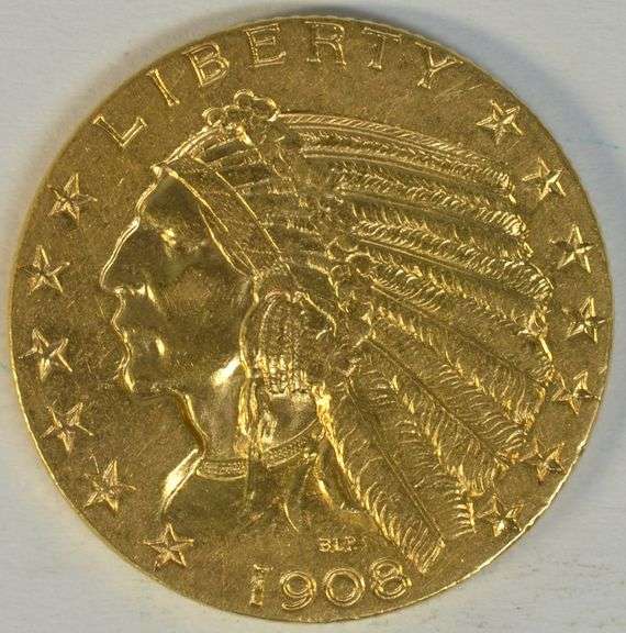 Blazing BU 1908 US $5 Indian Gold Piece. First year issue