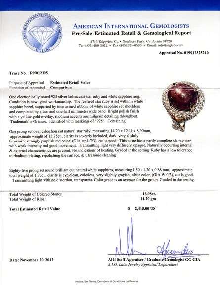 Dreamy massive 15.25CTS Oval Cabochon-Cut Star Ruby & 1.73CTW Brilliant-Cut White Sapphire Gemstone 