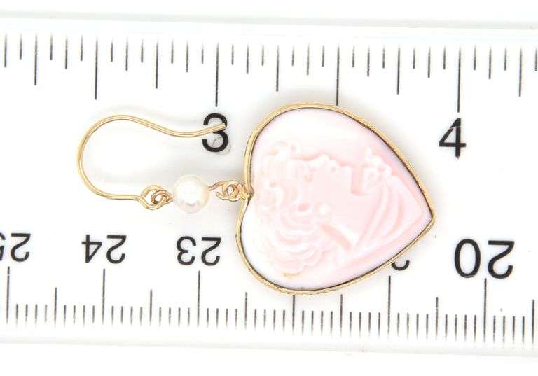 14kt Yellow gold Carved heart coral Cameo dangle earrings